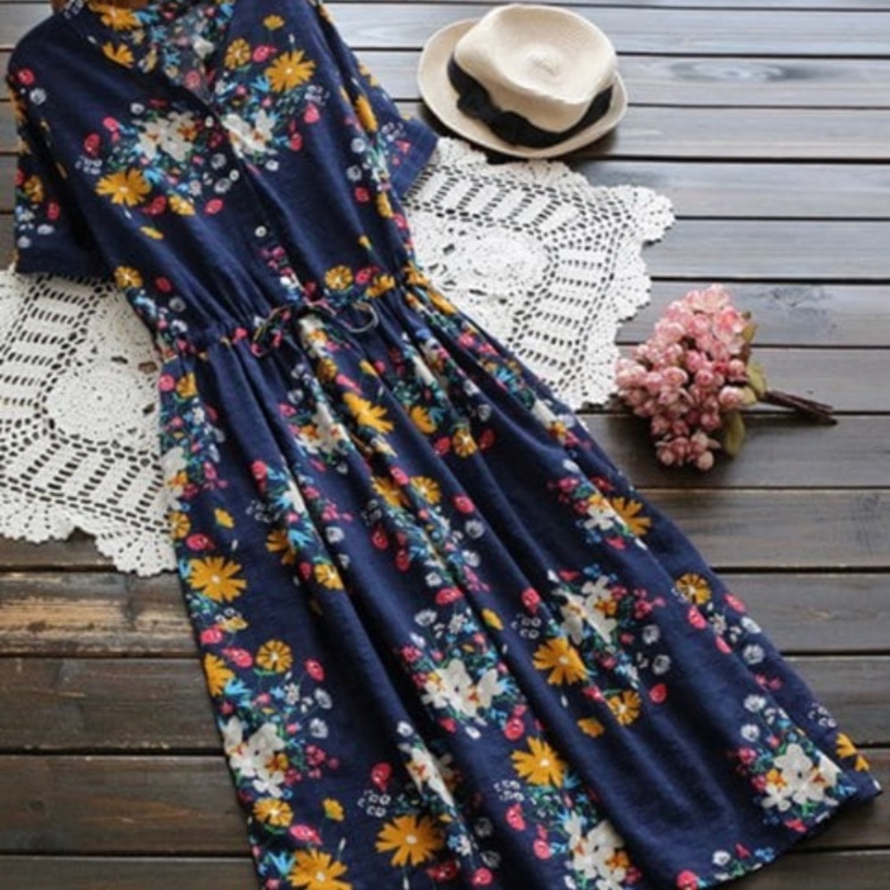 Zaful Flower Buttoned Drawstring Waist Shirt Dress